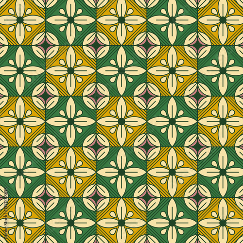 Seamless Floral Geometric Pattern in Green and Yellow