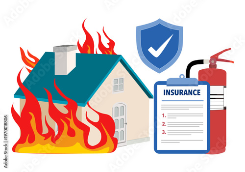 Home insurance against fire. Real estate property protection. Burning building care concept with paper agreement document and shield icon. Save money in case of house flame