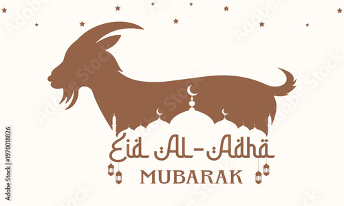 Eid al adha mubarak banner with goat silhouette mosques and lanterns for islamic holiday celebration greeting card vector illustration design.