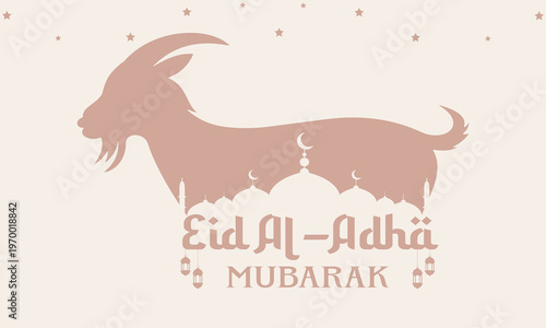 Eid al adha mubarak banner with goat silhouette mosques and lanterns for islamic holiday celebration greeting card vector illustration design.