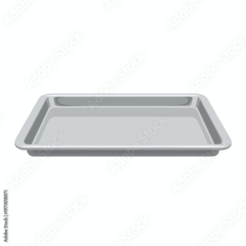 Flat, rectangular metal baking sheet with raised edges, shown from a side angle