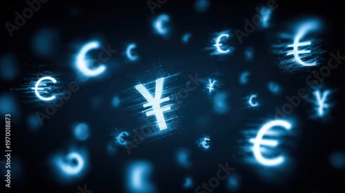 Abstract currency symbols on a dark blue background financial concept
