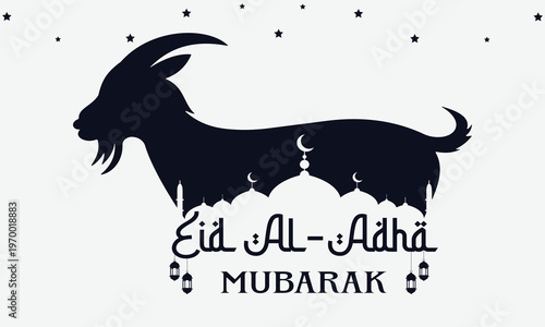 Eid al adha mubarak banner with goat silhouette mosques and lanterns for islamic holiday celebration greeting card vector illustration design.