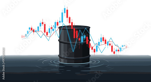 A black oil barrel is submerged in dark liquid with a stock market graph rising behind it on a white background.