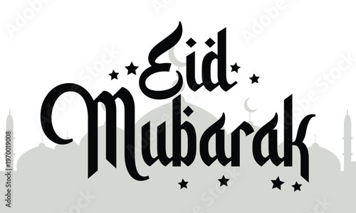 Eid mubarak typography design with mosque silhouette and decorative stars vector background for islamic holiday celebration banner layout with elegant lettering for greeting card and poster print.