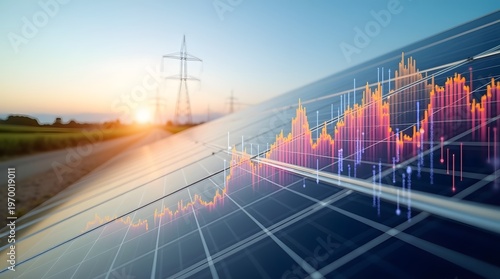 Dynamic Visualization of Solar Energy Trends with Graphs at Sunset Over Power Lines