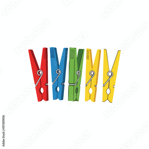 Five colorful clothes pegs arranged in a row on a white background