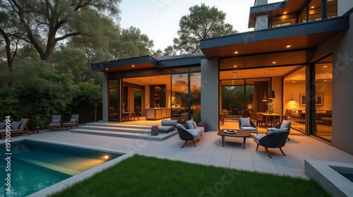 A modern luxury home with a pool and outdoor living area illuminated at dusk, showcasing sleek architecture and contemporary design.