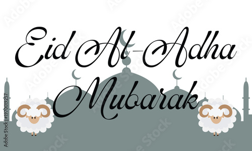 Eid al adha mubarak islamic greeting card design with cartoon sheep illustration festive islam holiday celebration mosque silhouette crescent moon stars festive islam holiday celebration mosque