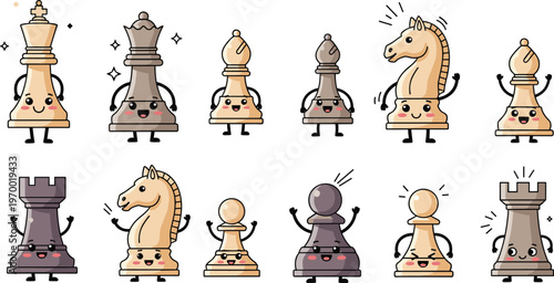 Cute cartoon chess pieces set kawaii style vector illustration featuring king queen rook bishop knight pawn characters for game design