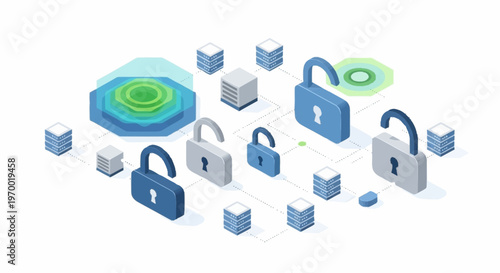 Digital security concept with padlocks and cubes on white background.