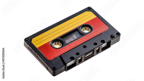 Vintage audio cassette tape featuring yellow spools red trim, and black plastic casing