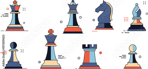Modern chess pieces set flat vector illustration with geometric shapes minimal style colorful game icons for strategy board design