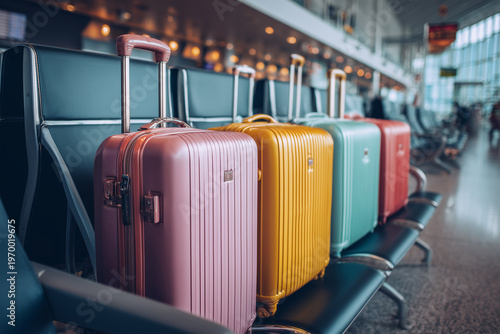Colorful luggage waits at the airport seating area for travel plans