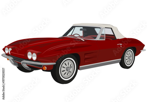 Classic Red Vintage Convertible Sports Car Illustration with White Soft Top and Chrome Details