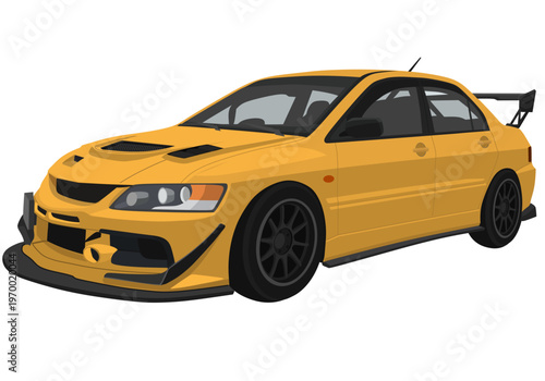 Yellow Modified Japanese Performance Sedan Vector Illustration with Sport Body Kit and Rear Wing