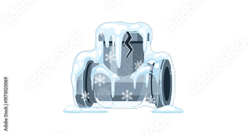 A cracked blue pipe joint is heavily covered in white snow and sharp icicles against a plain white background.