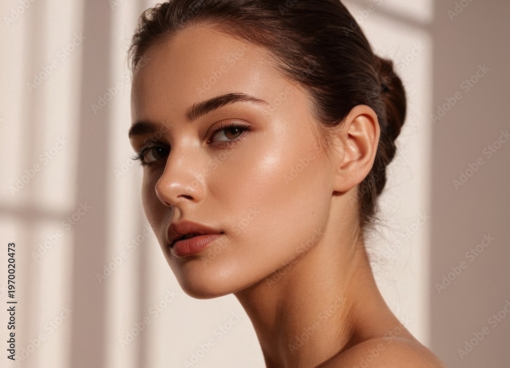 Naklejka premium bright closeup with dramatic shadows, vivid portrait emphasizing luminous skin and striking features