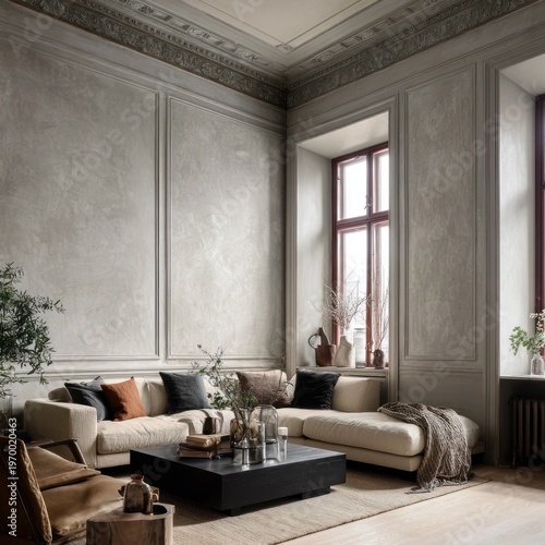 Elegant living room interior with stylish furniture and natural light