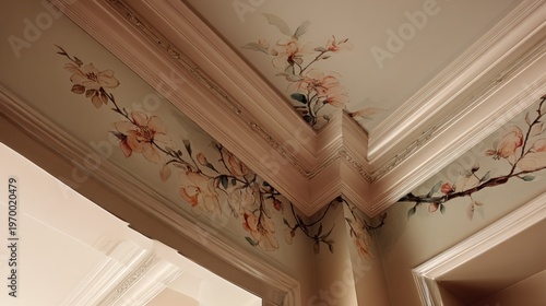 Floral ceiling mural with decorative molding and soft pastel colors