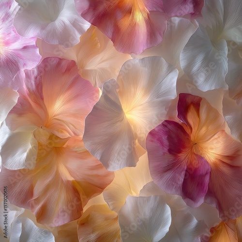 Close up of softly lit petals with gradient hues and delicate texture