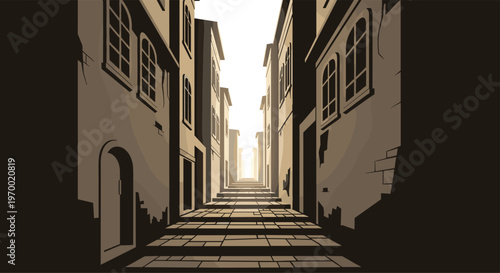 A narrow, ascending alleyway with tall, old buildings and arched windows is paved with stones under stark shadows.