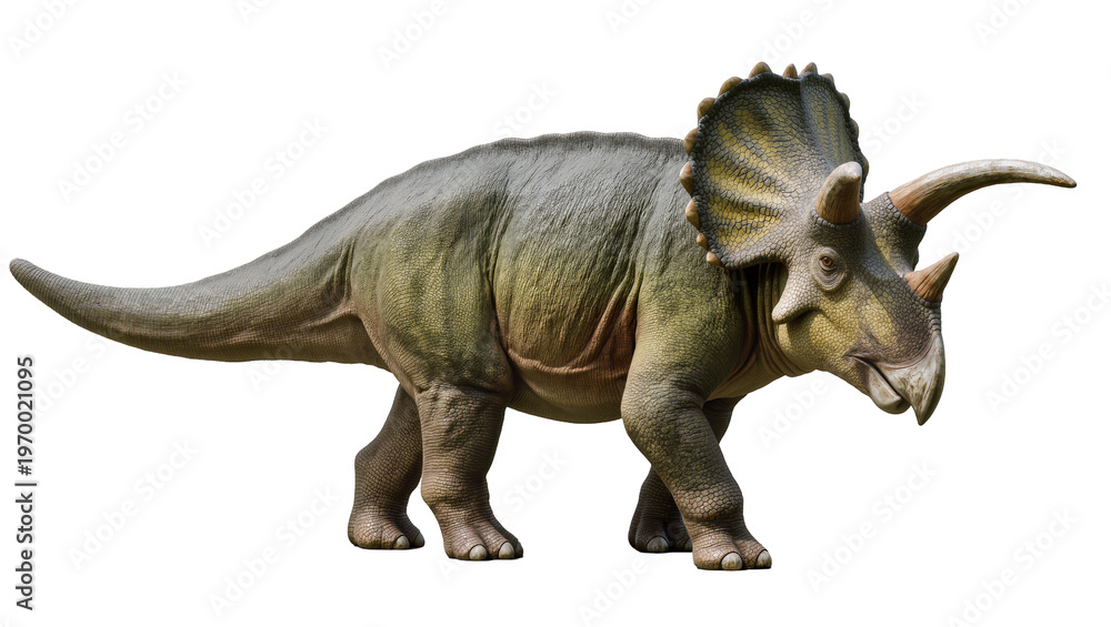 Fototapeta premium Detailed gray triceratops dinosaur walking displaying frill horns, and scaly skin