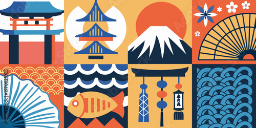 A colorful geometric illustration showcasing iconic symbols of japan