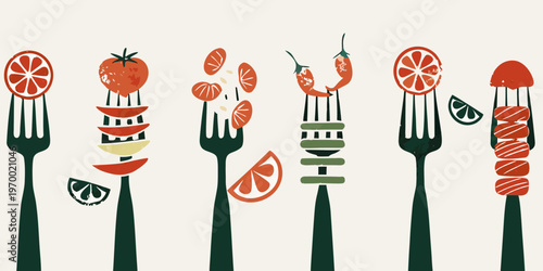 Colorful assortment of fruits and vegetables presented on black forks