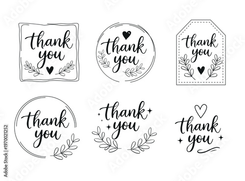 Thank you lettering set with hand drawn floral elements. Collection of modern typography labels for packaging, branding, stickers, cards and small business. Minimal elegant design isolated on backgrou