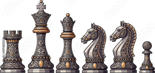 Ornate chess pieces set king queen rook knight pawn vintage luxury design board game vector illustration