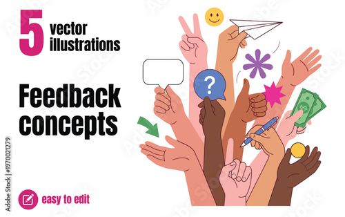 Sharing feedback, opinion concept. Public forum, social discussion in people group, community. Raised hands crowd, society voices, reviews. Flat vector illustration isolated on white background