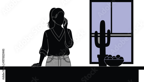 Minimalist silhouette of woman talking on smartphone in kitchen, female character using mobile phone at home, modern interior vector illustration