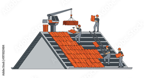 Construction workers are installing orange roof tiles on a large grey pitched roof structure with a crane lifting materials.