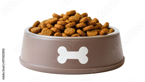 фотографія Brown plastic dog bowl filled with dry kibble, featuring a bone cutout design