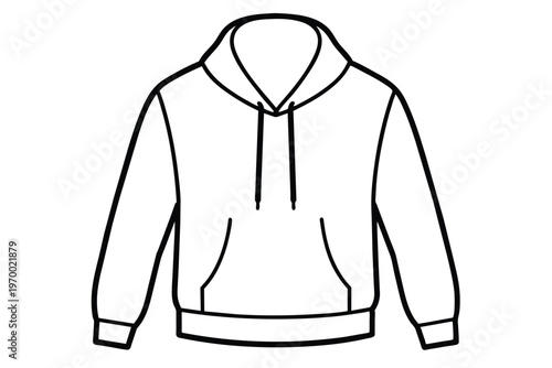 A clean black-and-white line art illustration of a casual hoodie sweatshirt. The design features a front kangaroo pocket, adjustable drawstrings hanging from the hood, and ribbed cuffs and waistband. 