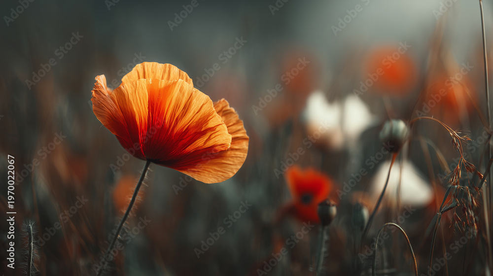 Obraz premium Bright poppies in a sunlit outdoor field, a single vivid poppy centered, sharp clarity, minimal background