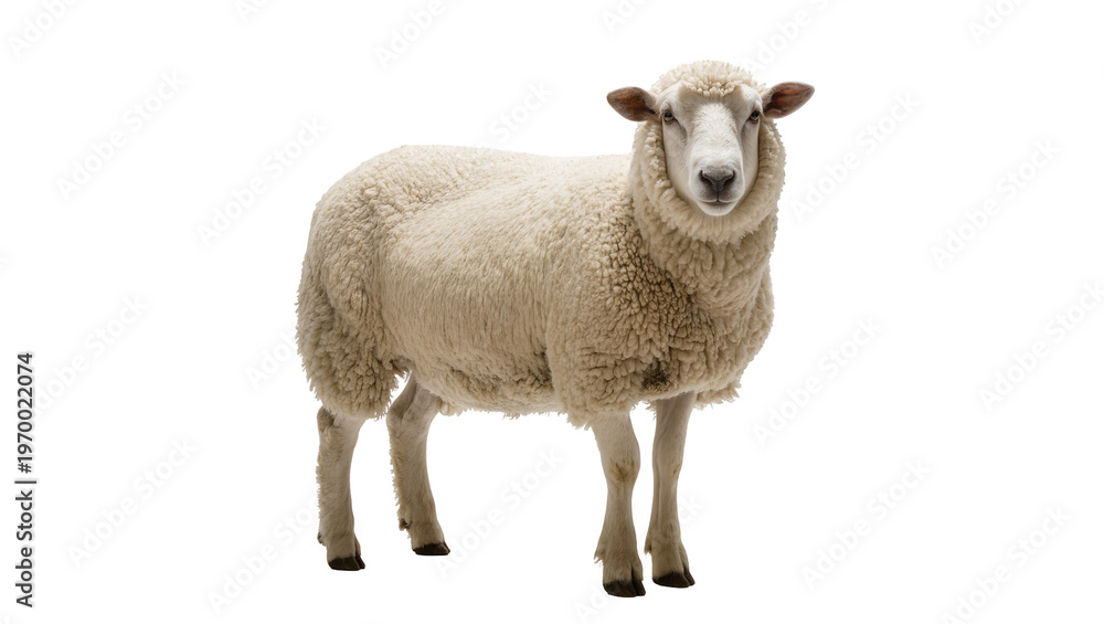Fototapeta premium Fluffy cream-colored sheep standing, gazing forward with gentle eyes