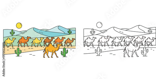 Desert Safari Illustration with Camel Caravan, Sand Dunes, and Cacti in Color and Outline Style for Coloring Book and Graphic Design
