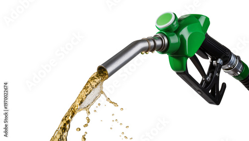 Valokuva Metallic silver fuel nozzle dispensing golden liquid gasoline, creating splashin