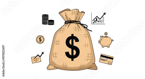 A brown money bag with a dollar sign is surrounded by various financial icons on a white background.
