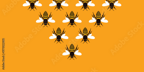 Background of a swarm of flying bees. Teamwork and leadership banner