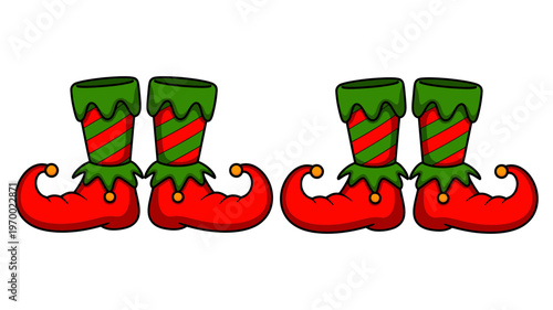 Two pairs of vibrant red and green striped elf shoes with curled toes for festive holiday designs.