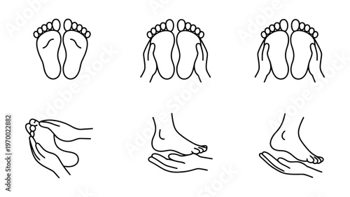 A set of linear icons illustrating various human feet and hands engaged in massage or care.