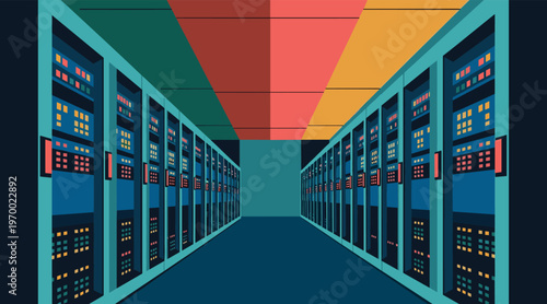 Server racks lining narrow corridor in modern data center