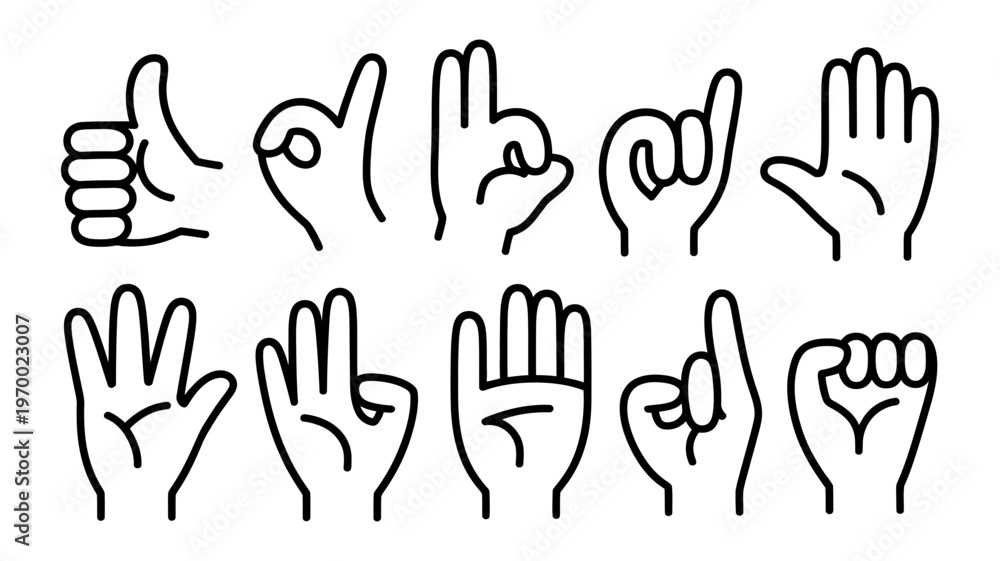 Obraz premium A diverse set of ten outline hand gestures depicting various communication signs and expressions.