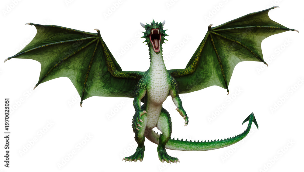 Fototapeta premium Green scaled dragon roaring, displaying large leathery wings and sharp claws