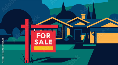 Suburban house for sale with sign on front lawn at dusk