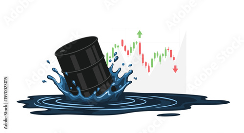 A black oil barrel falls into a pool of blue liquid with a blurred stock market chart in the background.