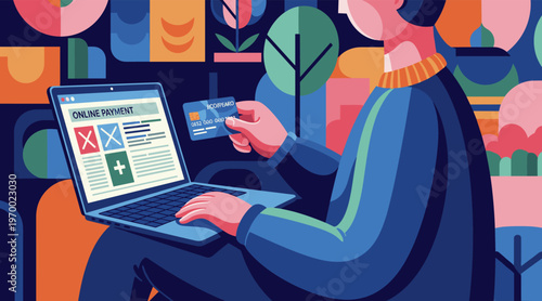 Person making online payment with credit card on laptop